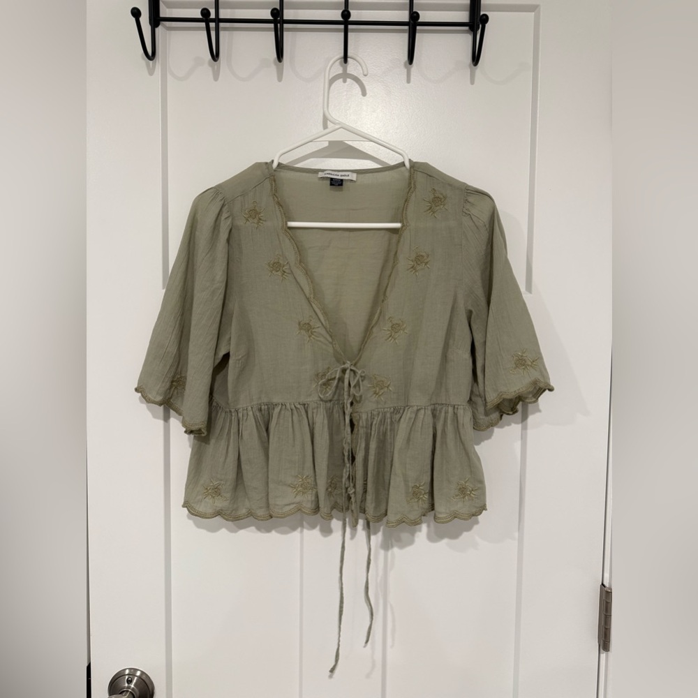 American Eagle Outfitters Green Flutter Sleeve Blouse with Tie Front